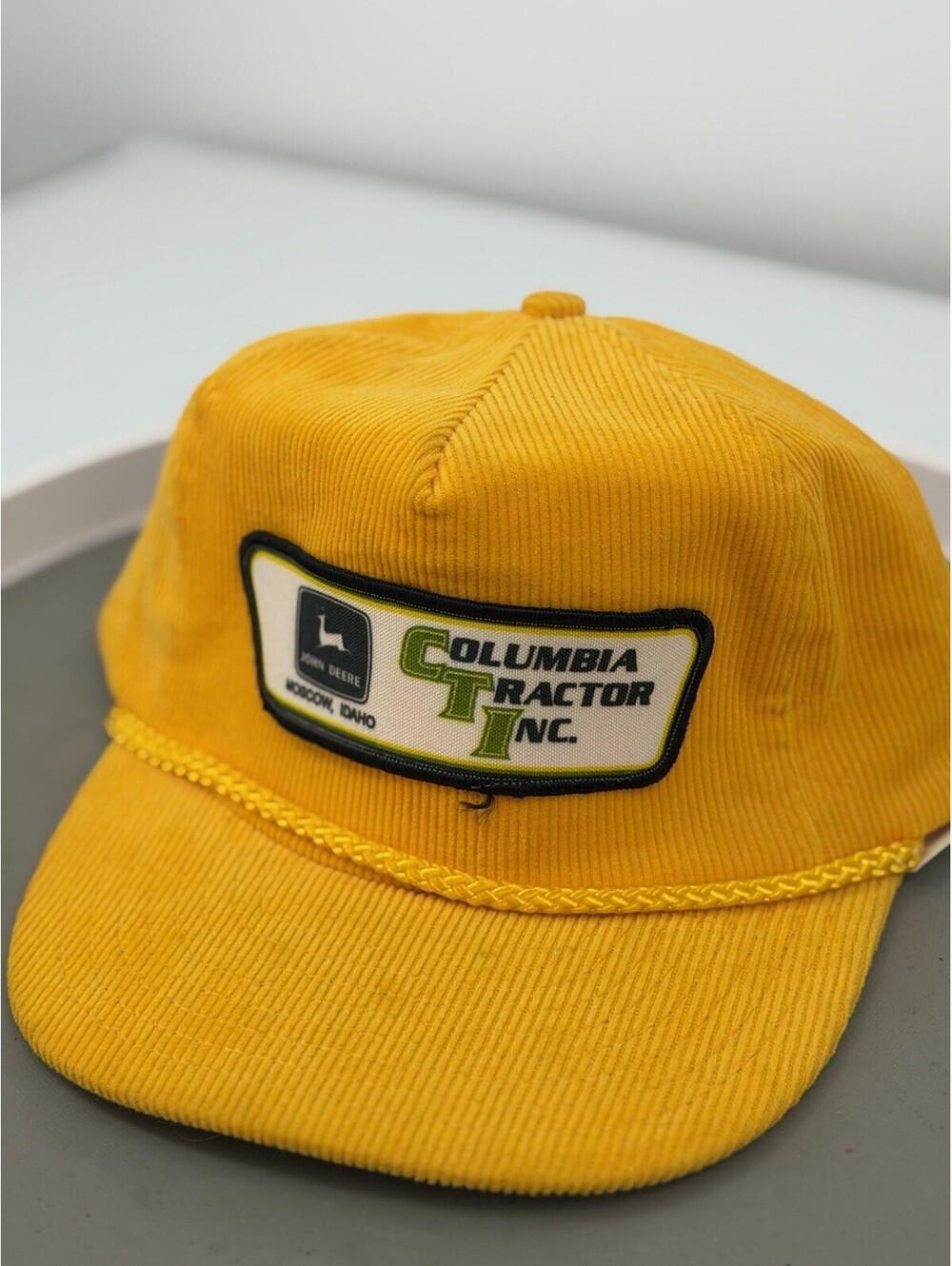 Vintage John Deer Columbia Tractor Inc Hat Cap Corduroy Snapback Yellow NOS